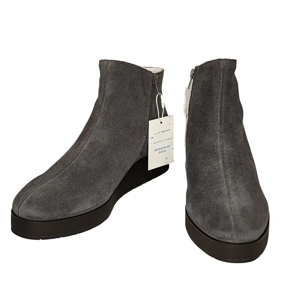 Lucky Brand Karmeya Storm Waterproof Suede Booties 10 Gray Wedge Ankle Boots NWT